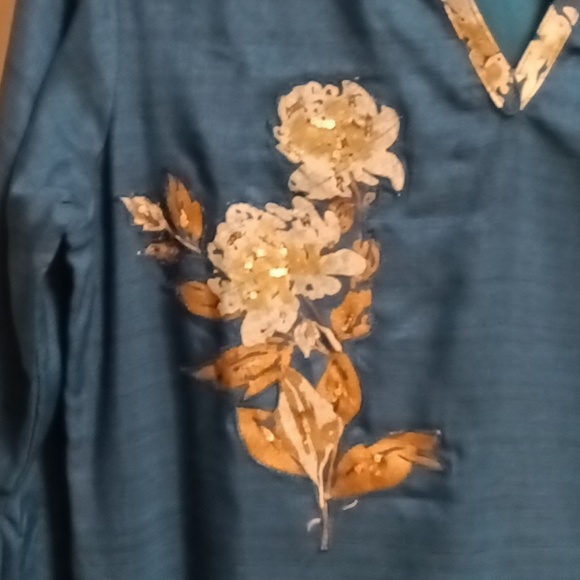 FINAL PRICE NWOT teal dress w tan floral embroidery & assymetrical sides/hem Med - Picture 9 of 16